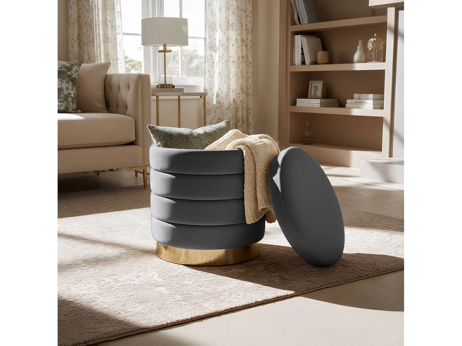 Pouf contenitore cilindrico in velluto 40 cm LUNA Grigio Scuro