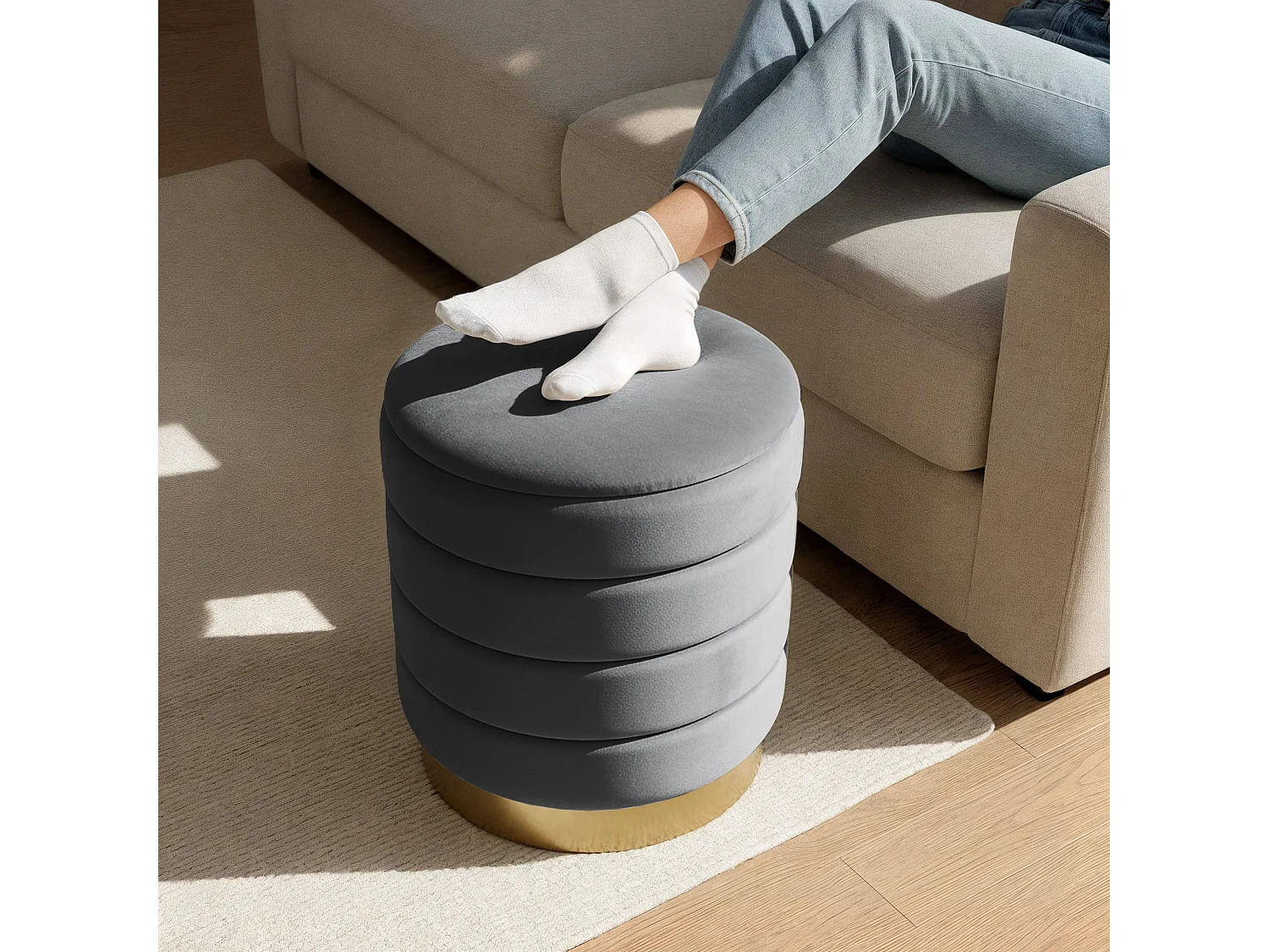 Pouf contenitore cilindrico in velluto 40 cm LUNA Grigio Scuro