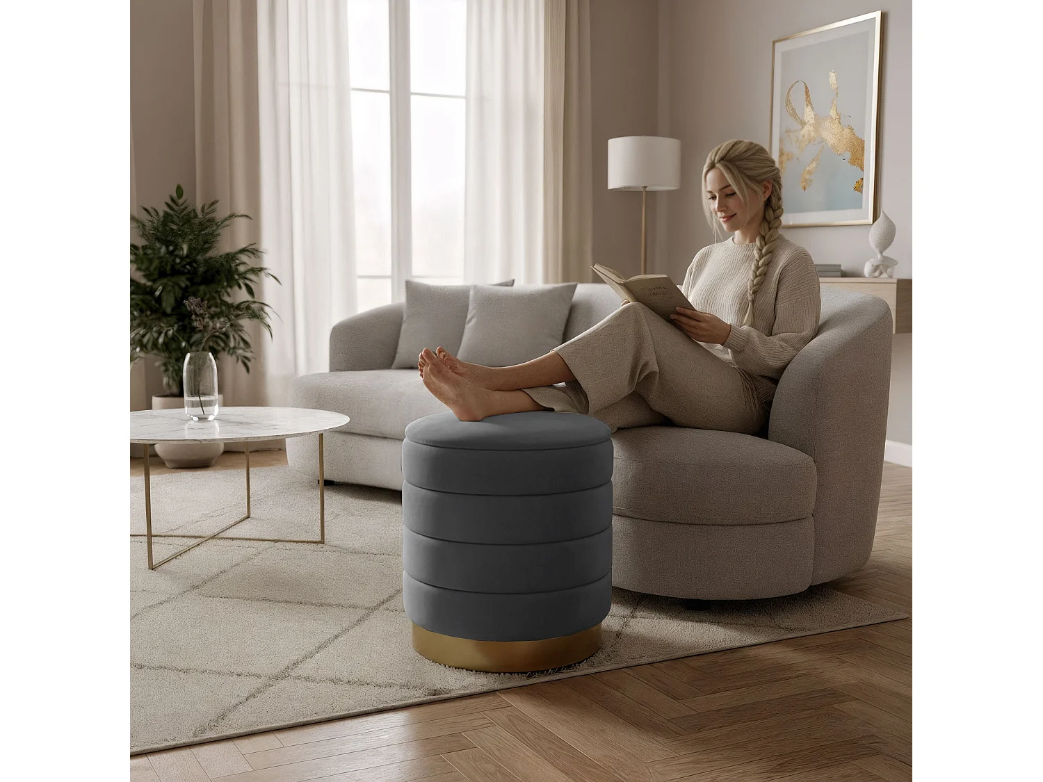 Pouf contenitore cilindrico in velluto 40 cm LUNA Grigio Scuro