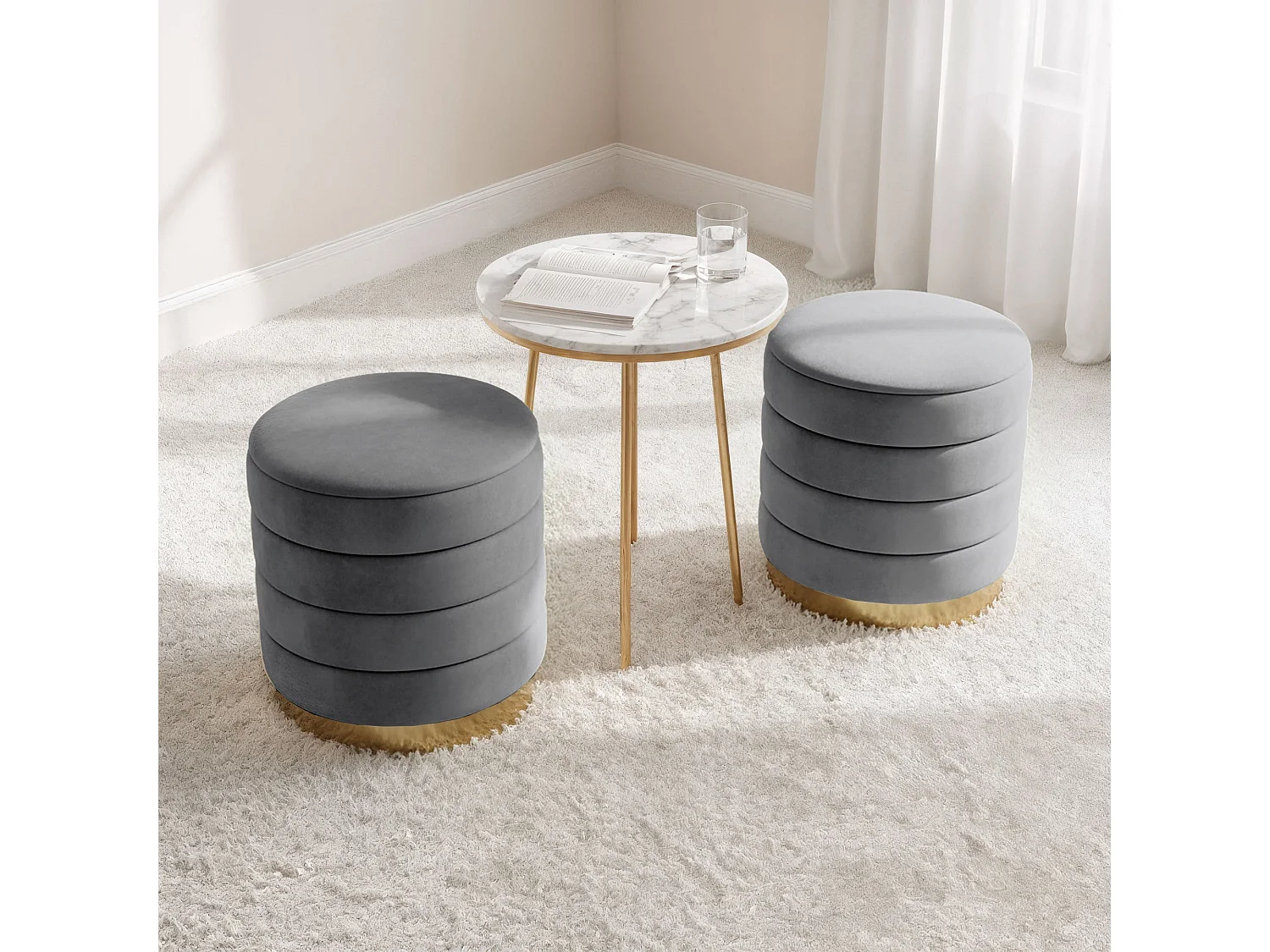 Pouf contenitore cilindrico in velluto 40 cm LUNA Grigio Scuro