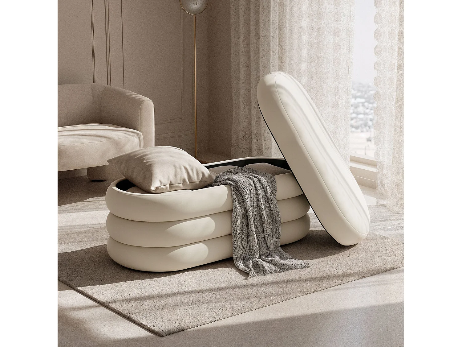 Samt-Sitzbank mit Stauraum 100 cm PUFFO Creme