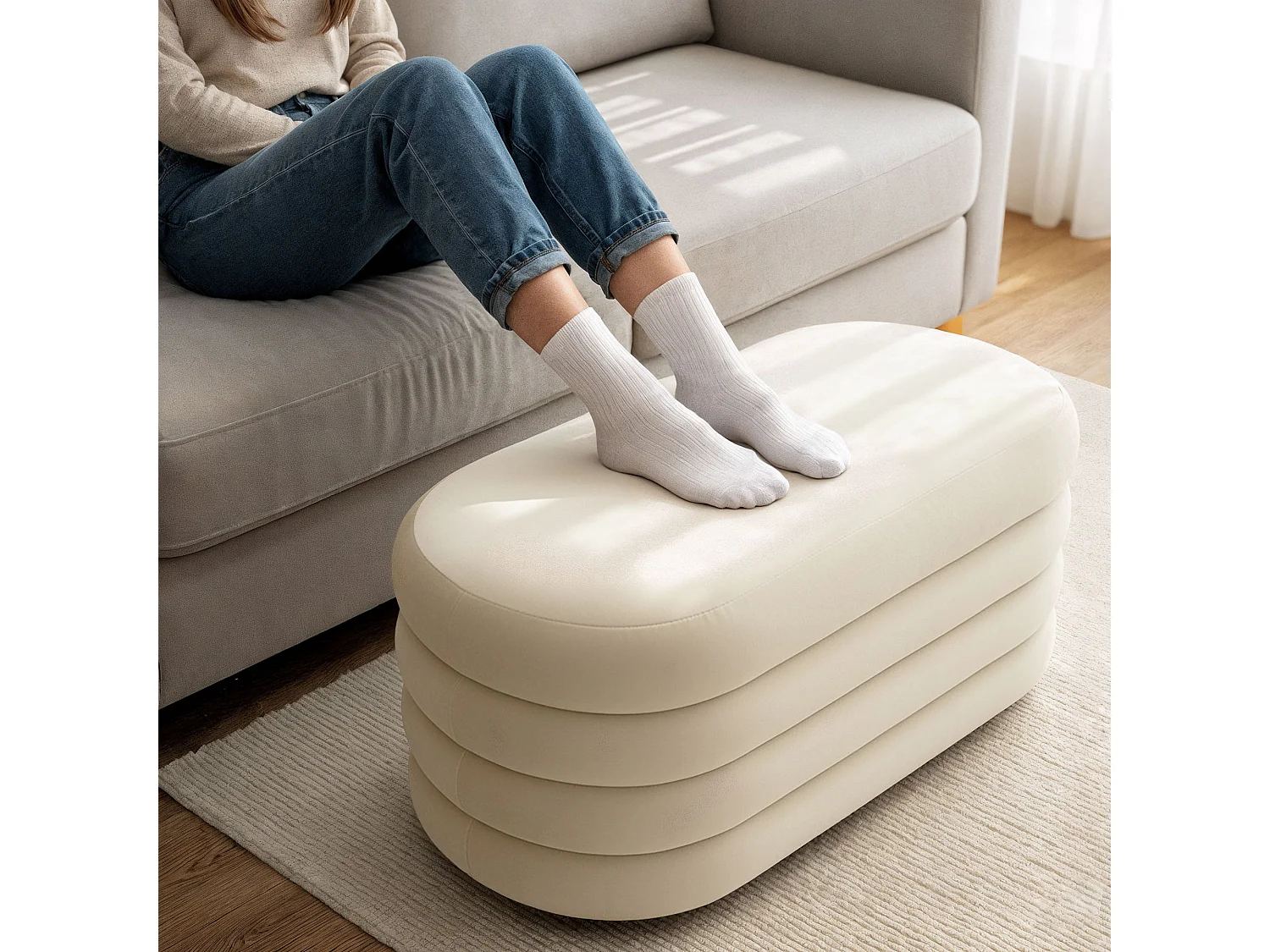 Samt-Sitzbank mit Stauraum 100 cm PUFFO Creme