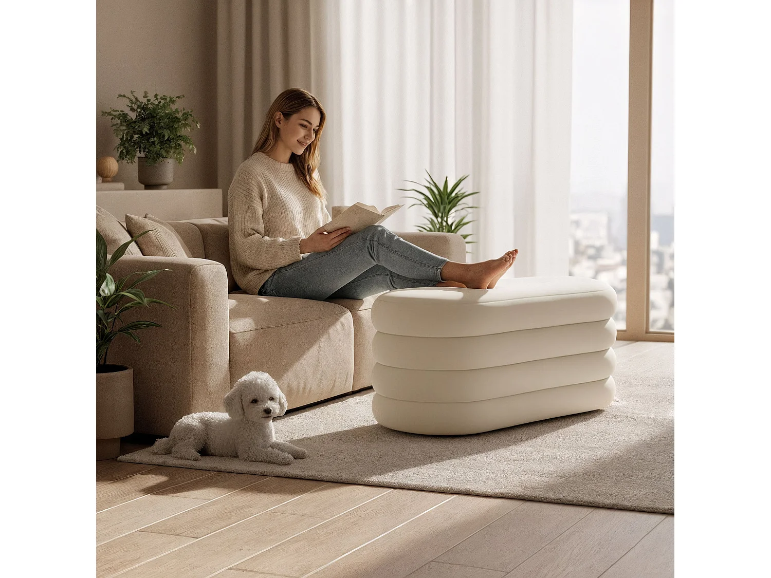 Samt-Sitzbank mit Stauraum 100 cm PUFFO Creme