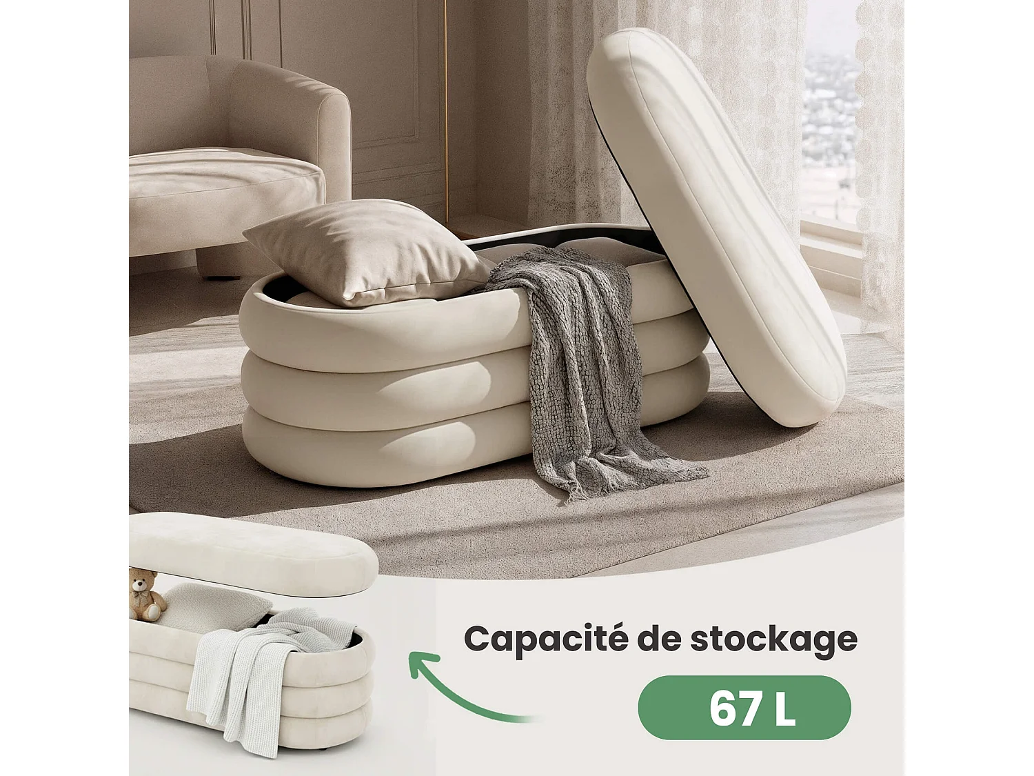 Samt-Sitzbank mit Stauraum 100 cm PUFFO Creme