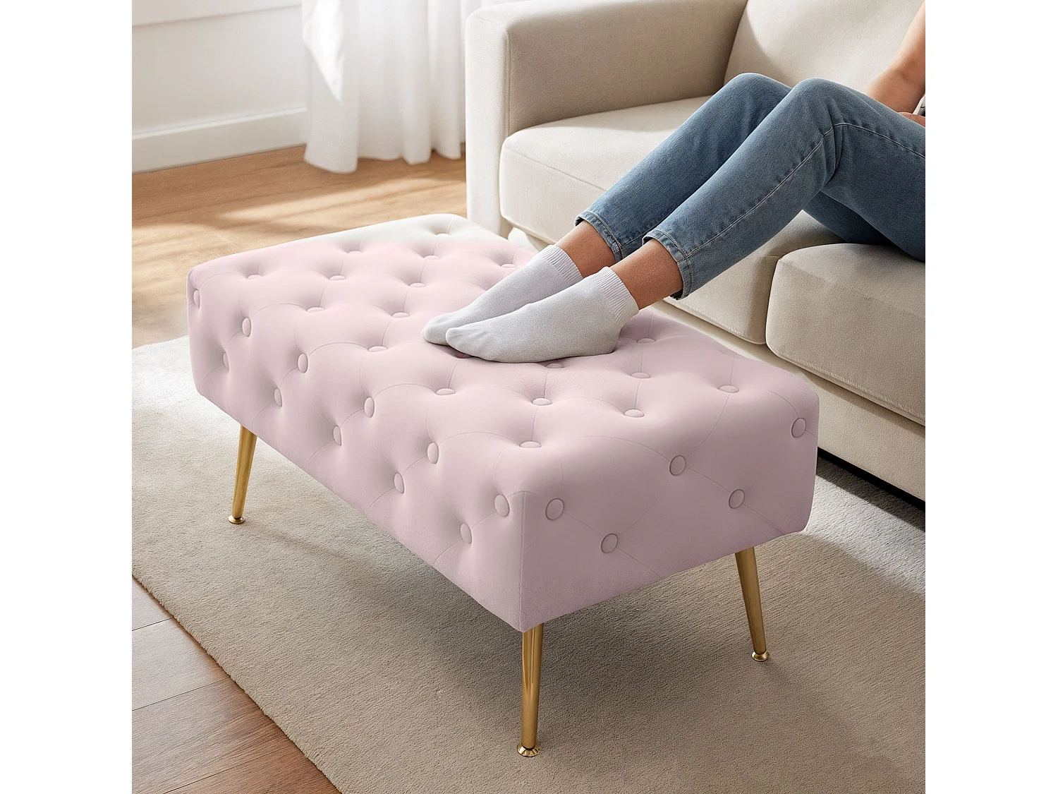 Bout de lit en velours capitonné 80 cm MADRID Rose Poudré