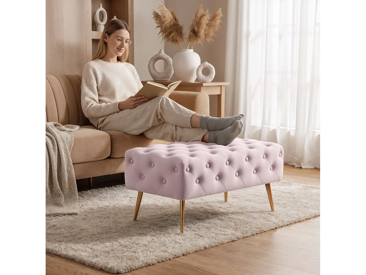 Bout de lit en velours capitonné 80 cm MADRID Rose Poudré