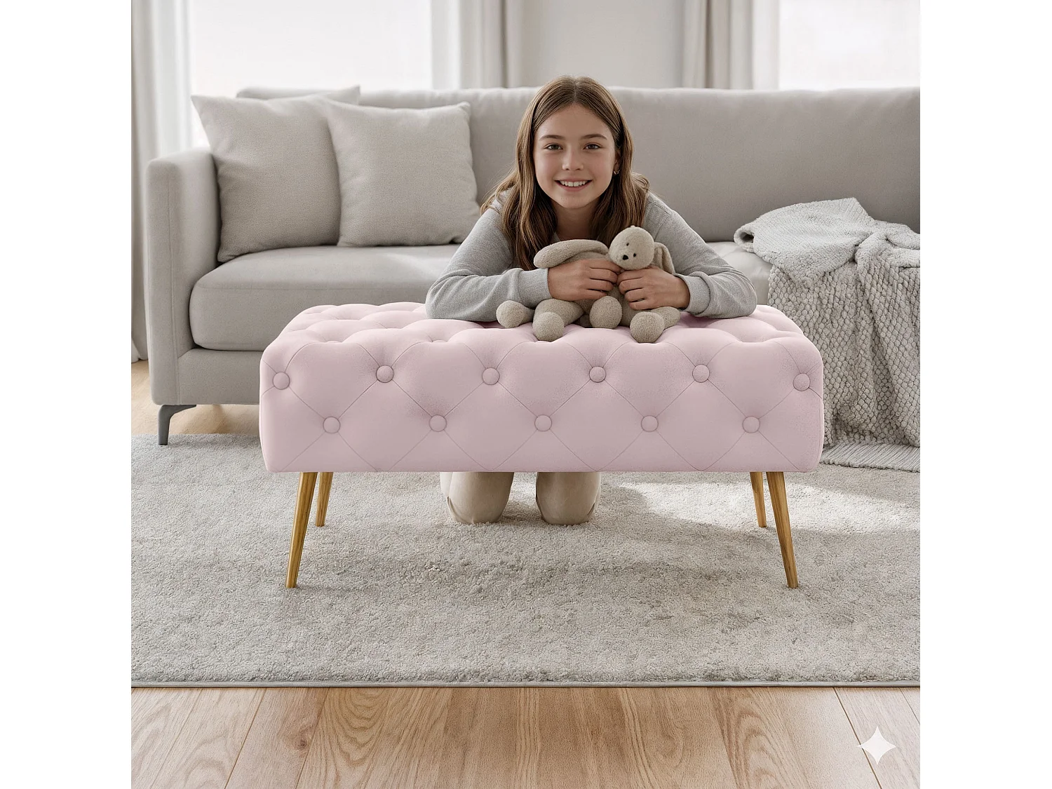 Bout de lit en velours capitonné 80 cm MADRID Rose Poudré