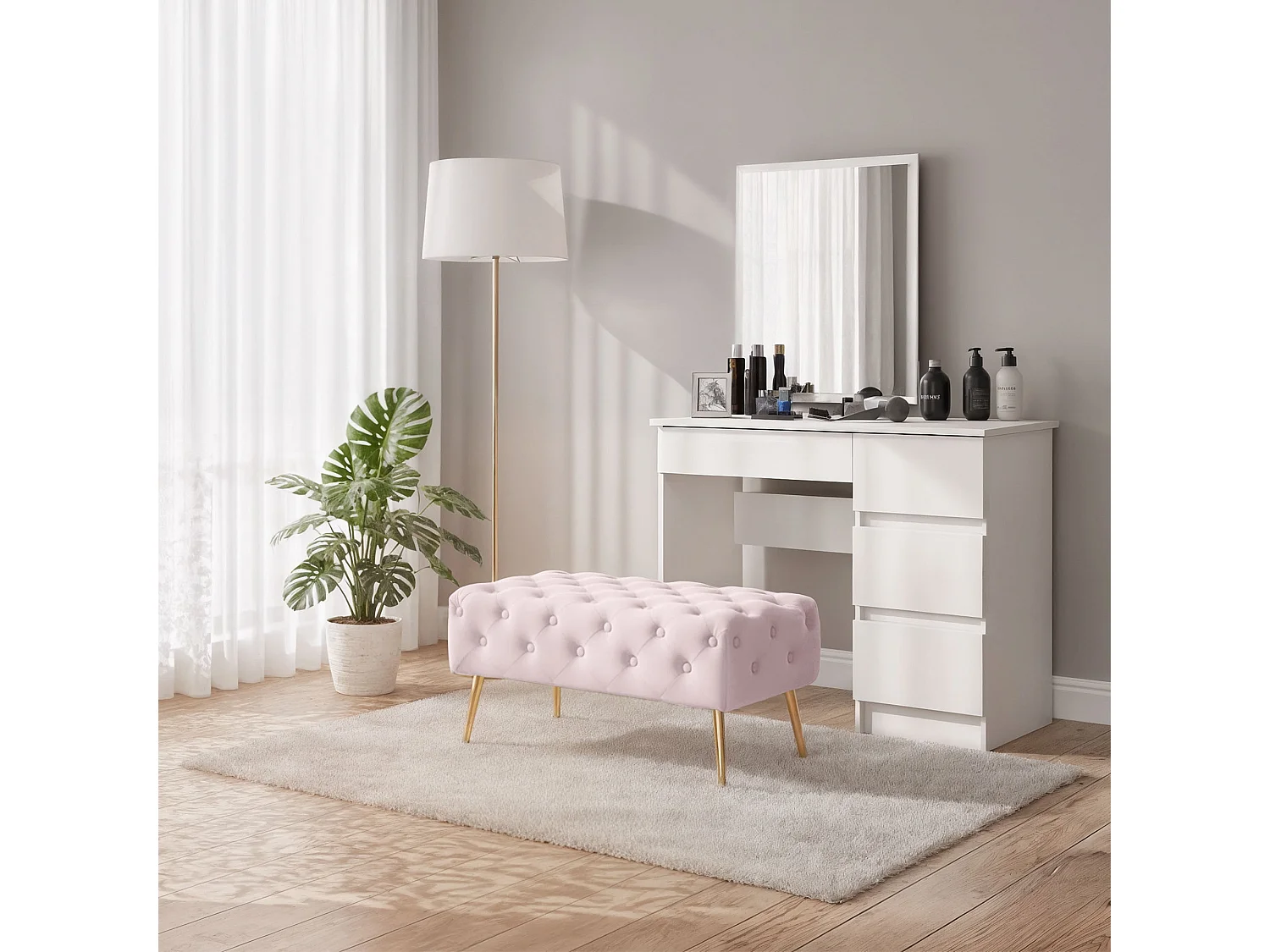 Bout de lit en velours capitonné 80 cm MADRID Rose Poudré