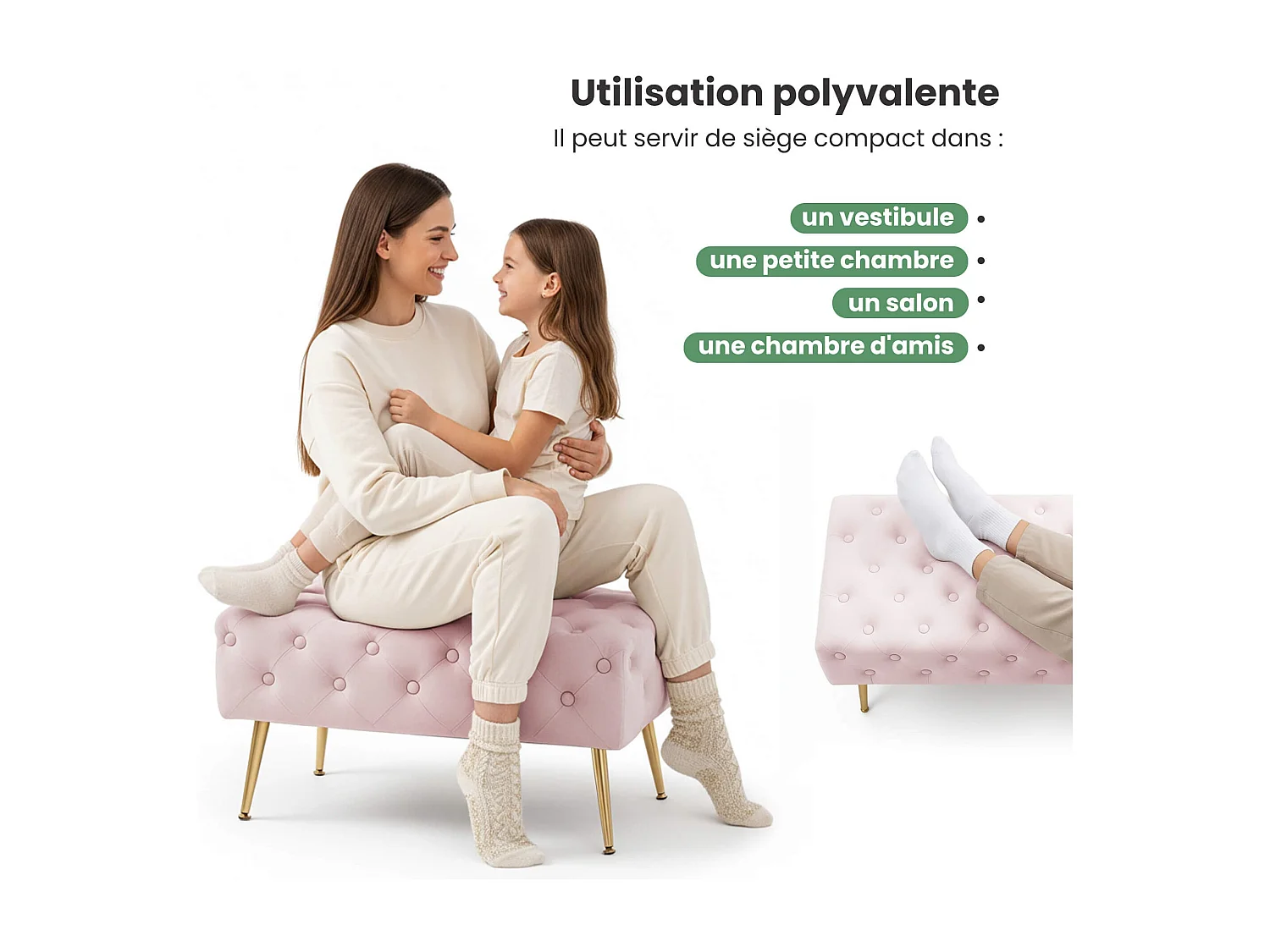 Bout de lit en velours capitonné 80 cm MADRID Rose Poudré