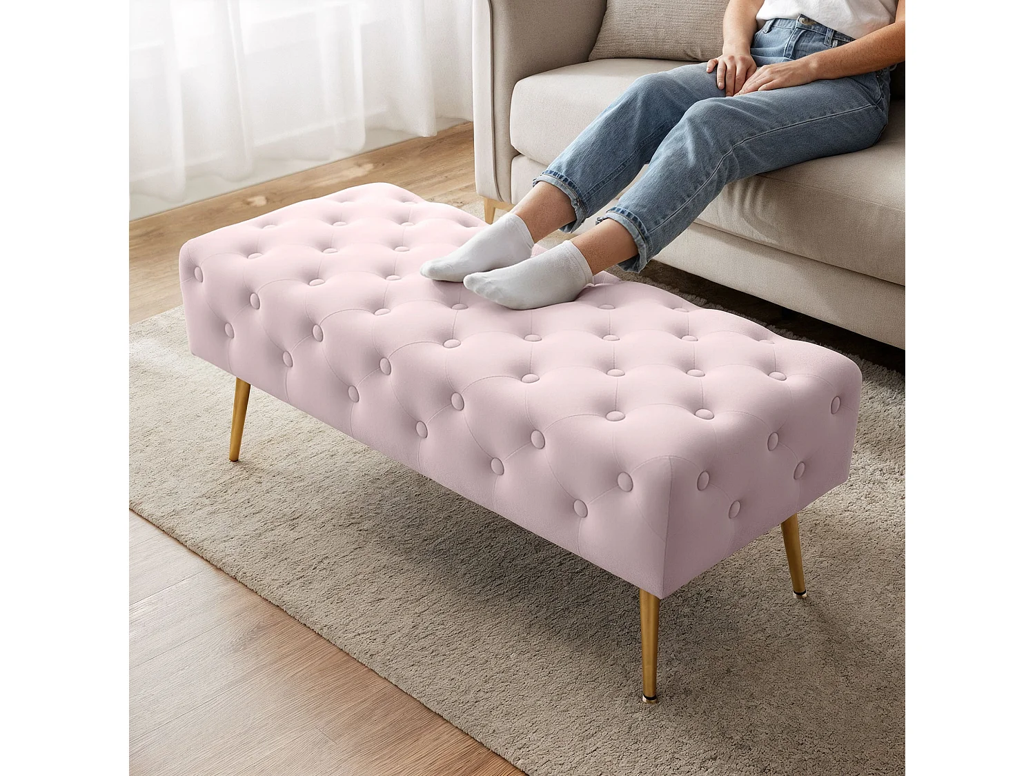 Bout de lit en velours capitonné 100 cm MONACO Rose Poudré