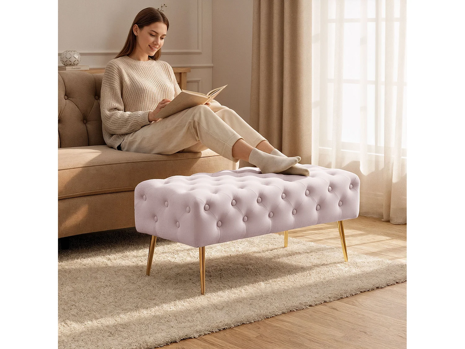 Bout de lit en velours capitonné 100 cm MONACO Rose Poudré