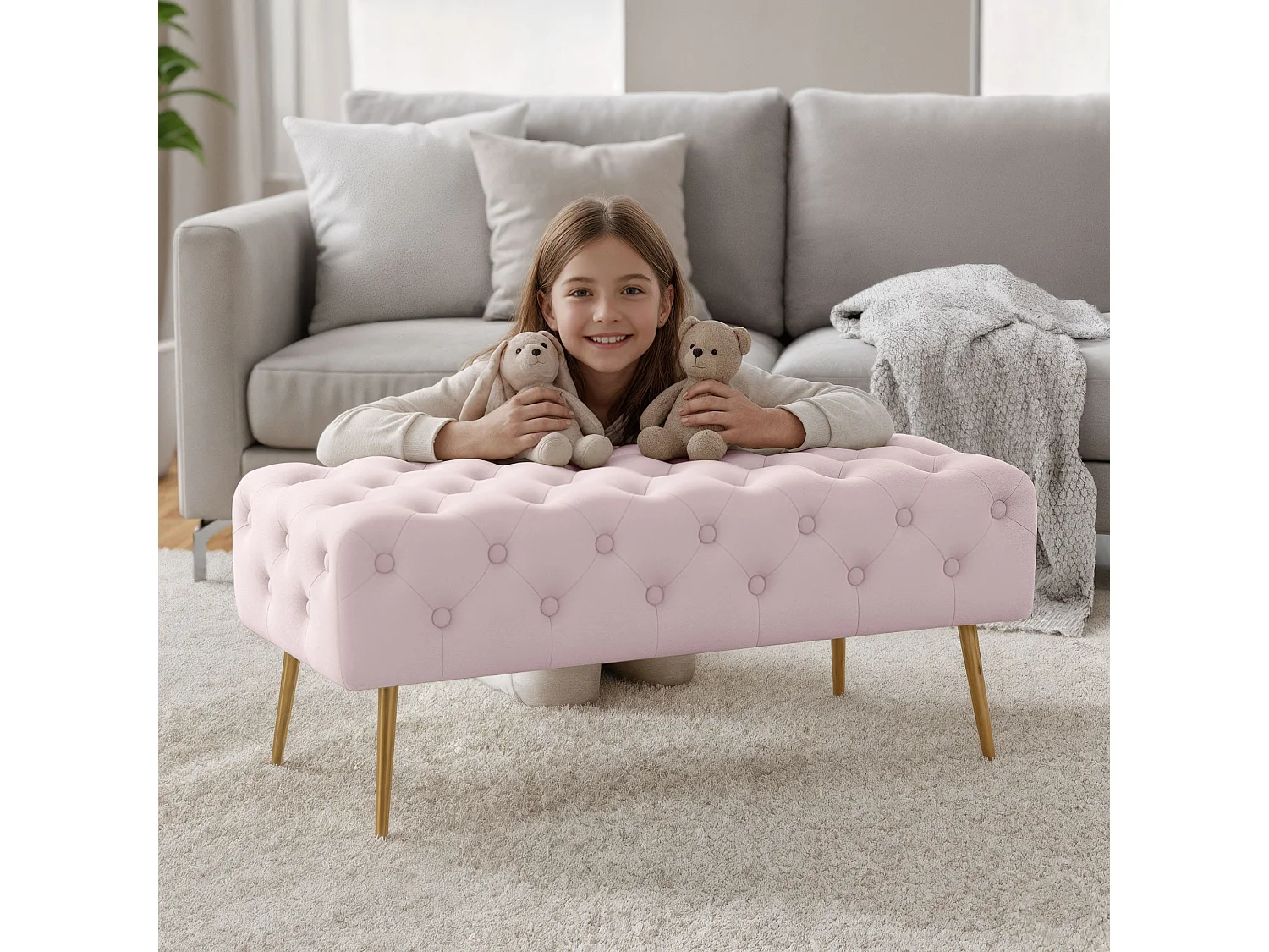 Bout de lit en velours capitonné 100 cm MONACO Rose Poudré