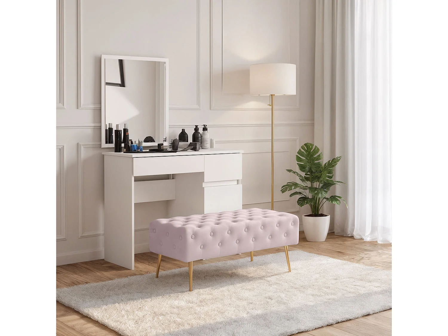 Bout de lit en velours capitonné 100 cm MONACO Rose Poudré