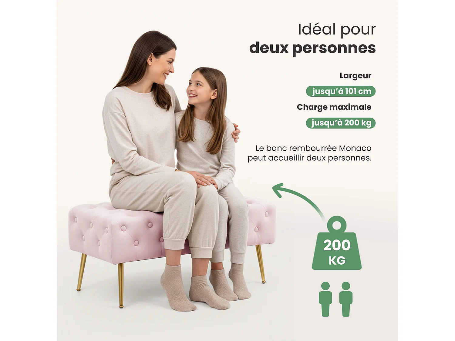 Bout de lit en velours capitonné 100 cm MONACO Rose Poudré