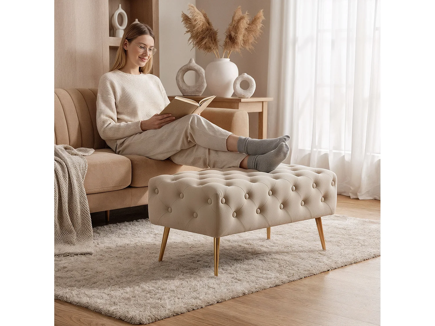 Bout de lit en velours capitonné 80 cm MADRID Beige