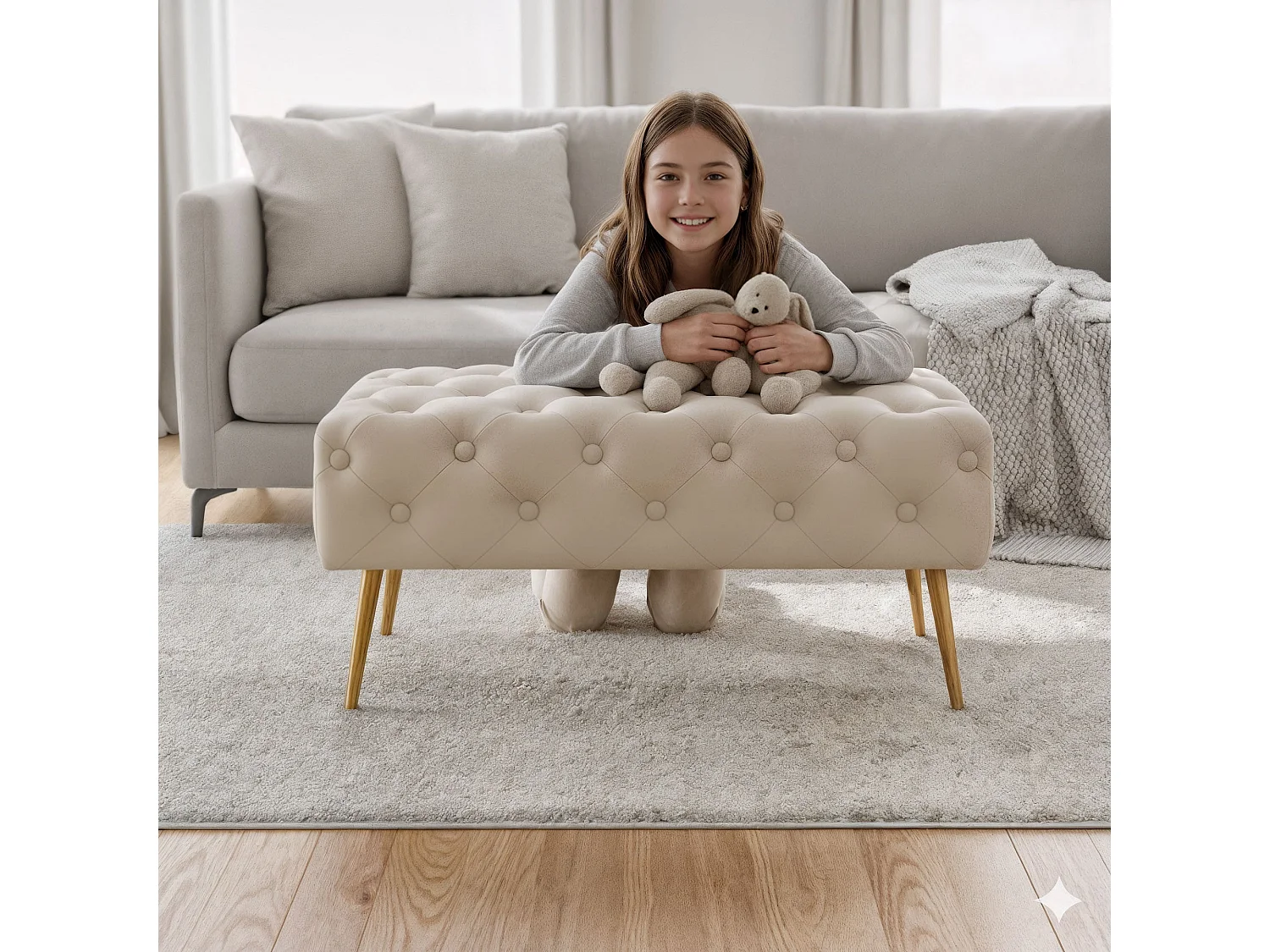 Bout de lit en velours capitonné 80 cm MADRID Beige