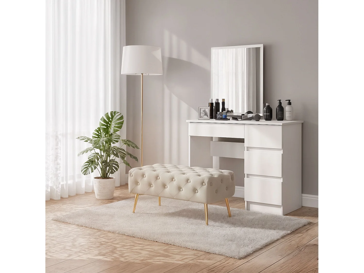 Bout de lit en velours capitonné 80 cm MADRID Beige