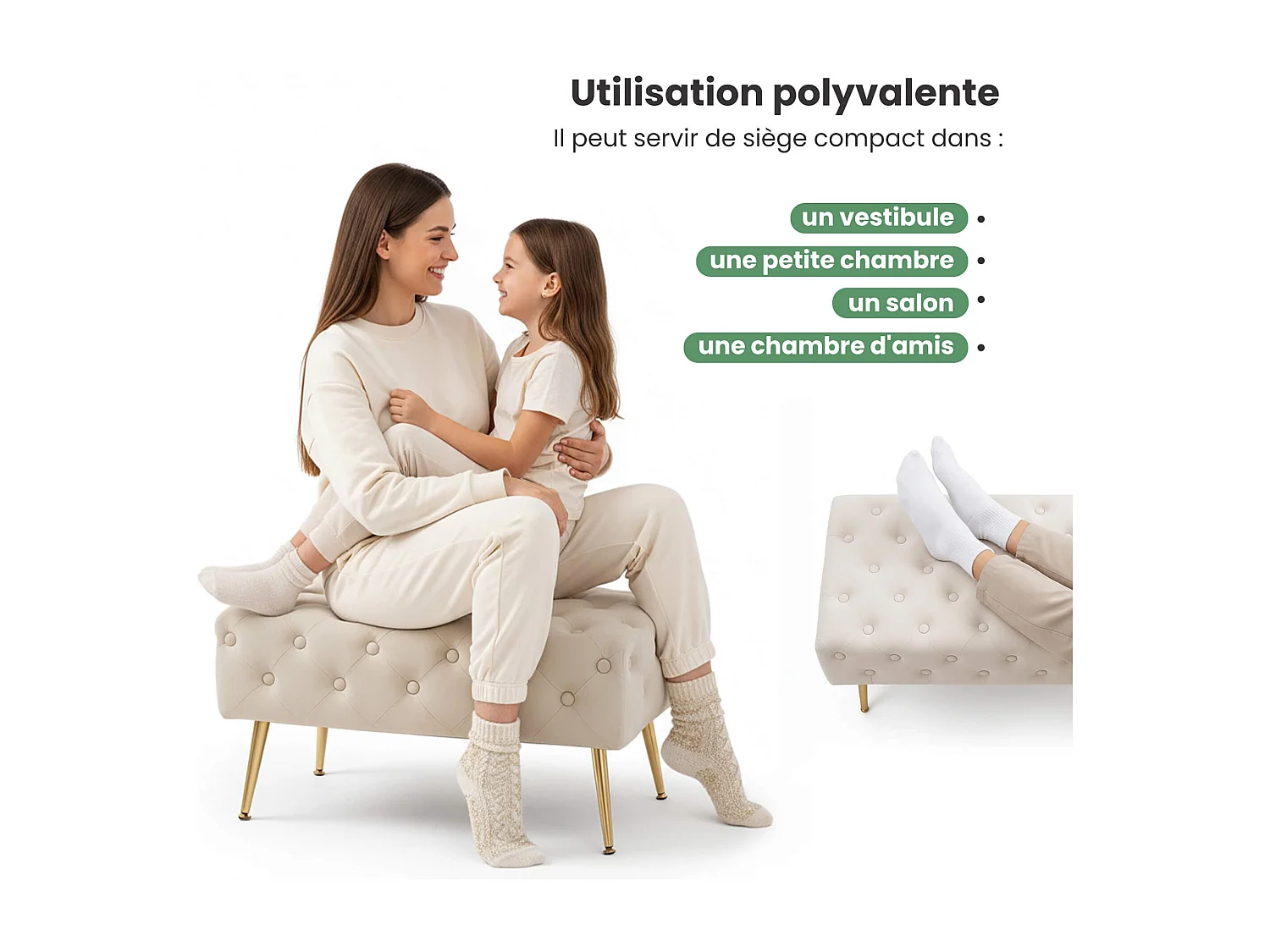 Bout de lit en velours capitonné 80 cm MADRID Beige