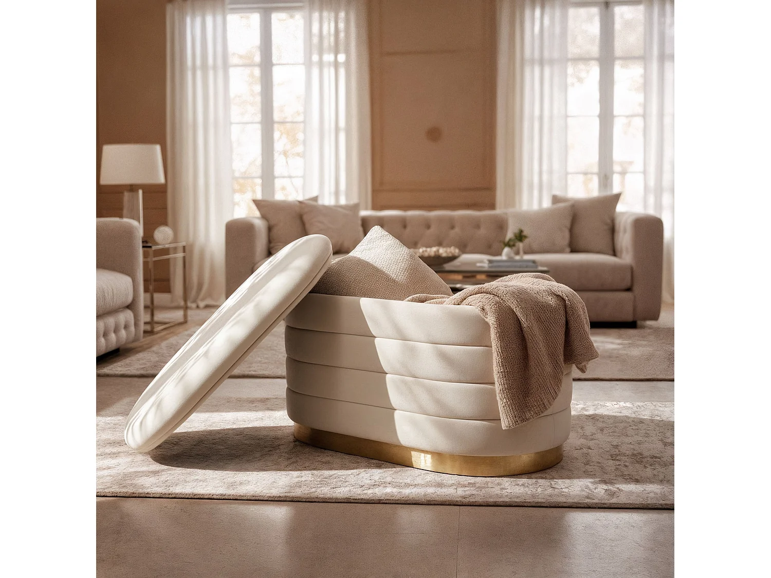 Banc en velours avec rangement 80 cm BELLA Crème