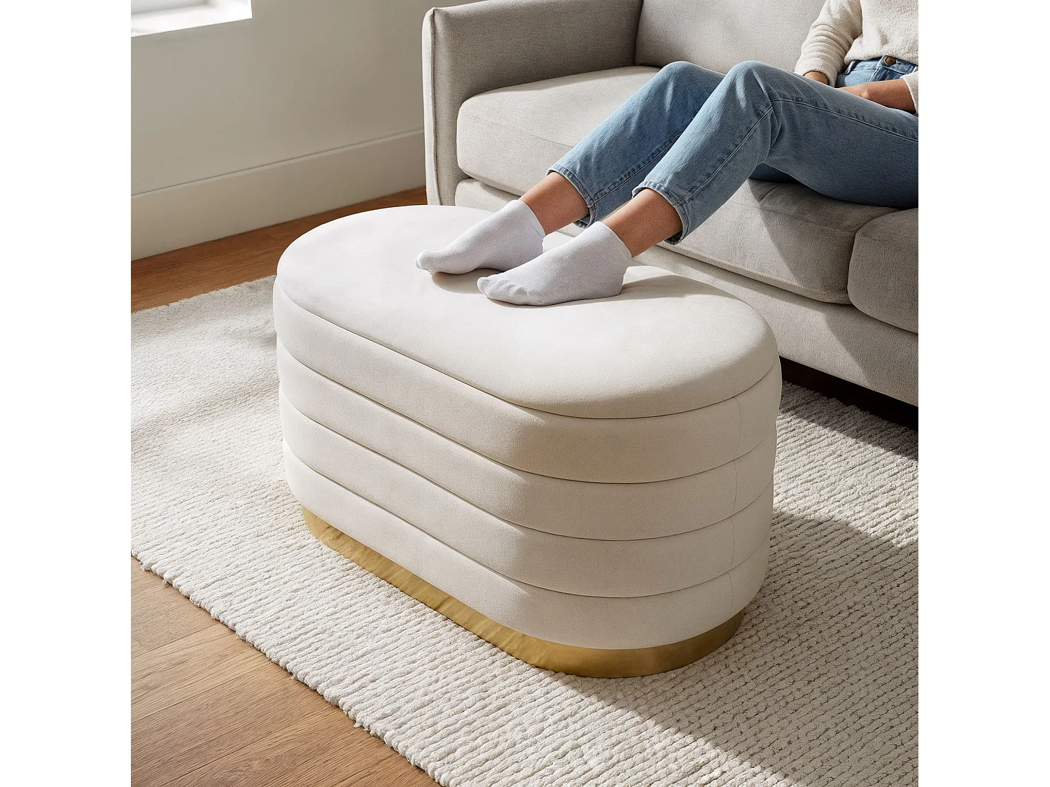 Banc en velours avec rangement 80 cm BELLA Crème