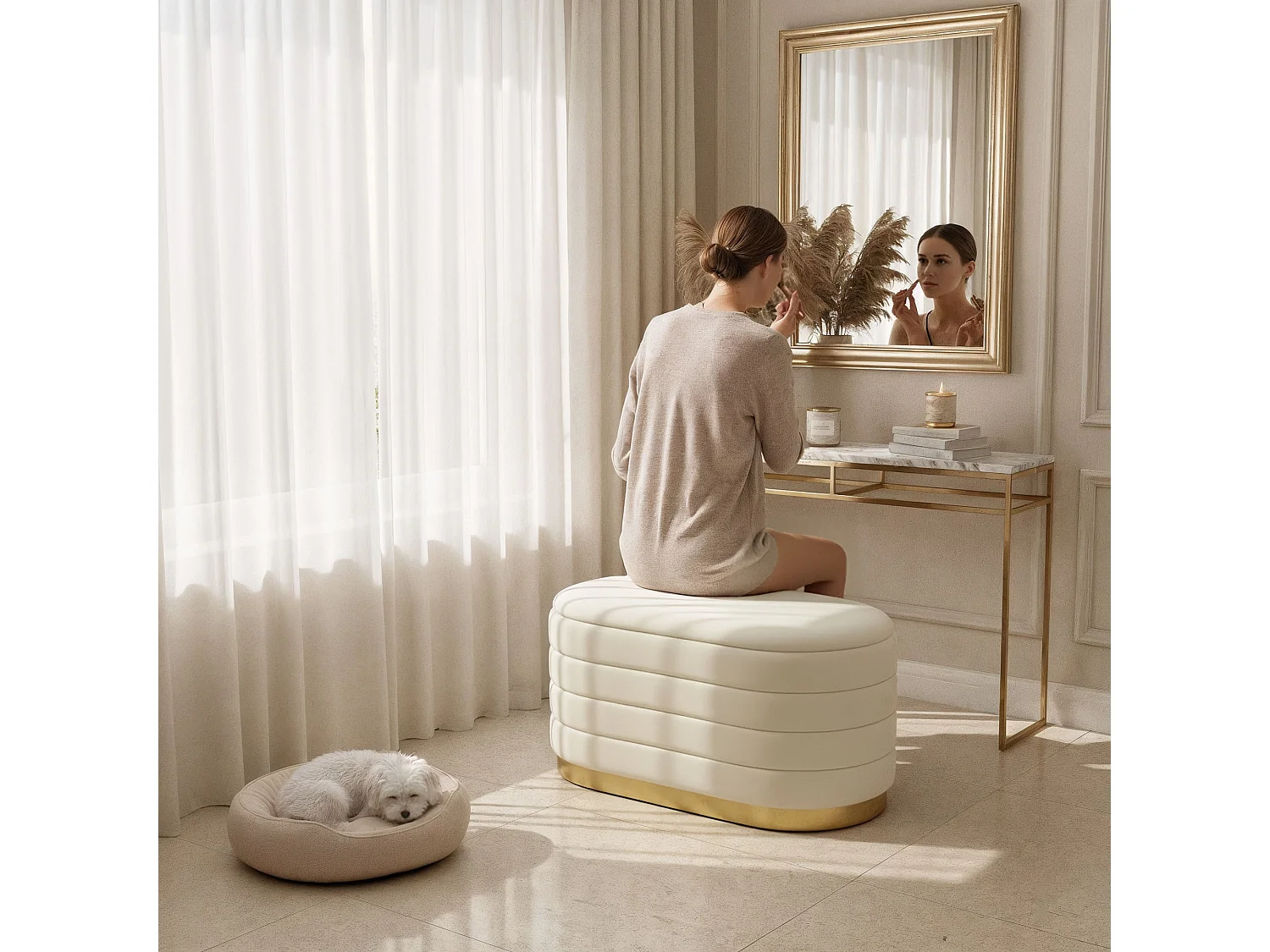 Banc en velours avec rangement 80 cm BELLA Crème