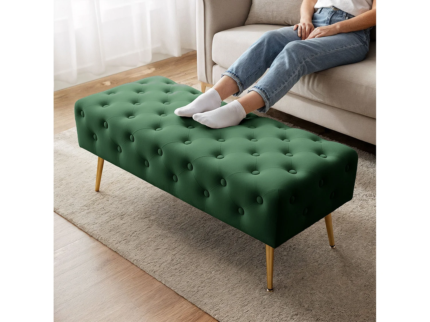 Bout de lit en velours capitonné MONACO 100 cm Vert Bouteille