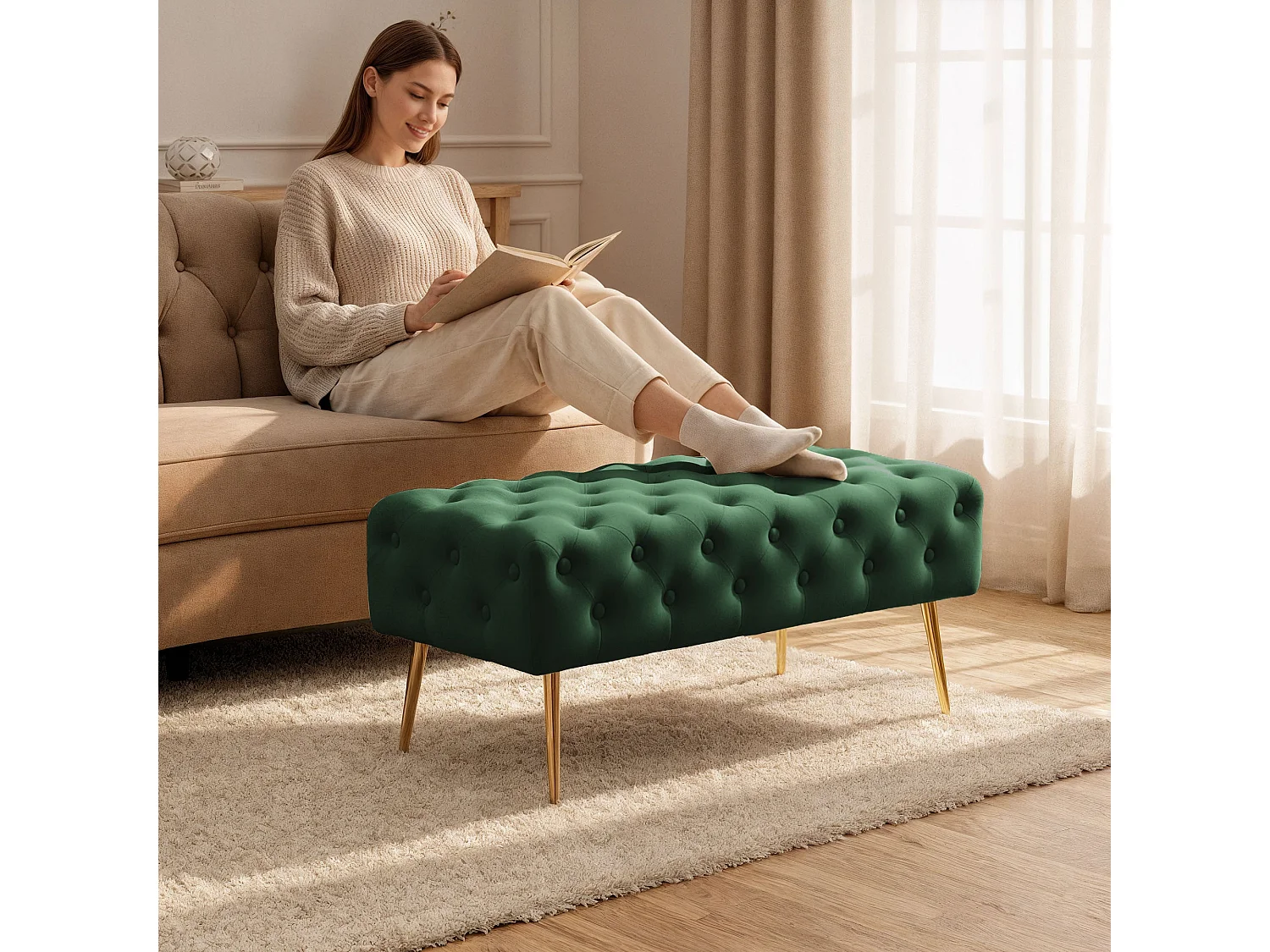 Bout de lit en velours capitonné MONACO 100 cm Vert Bouteille