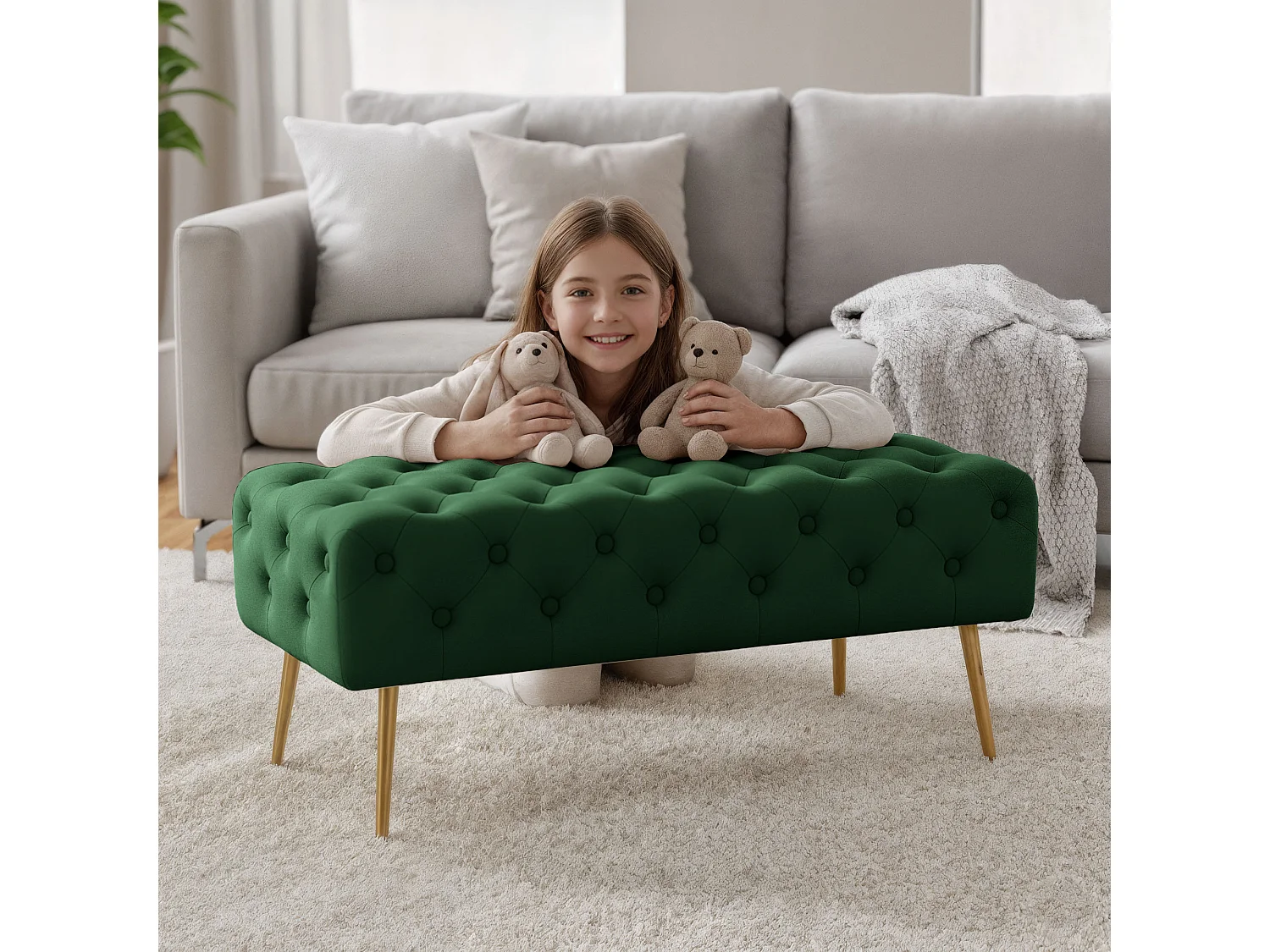 Bout de lit en velours capitonné MONACO 100 cm Vert Bouteille