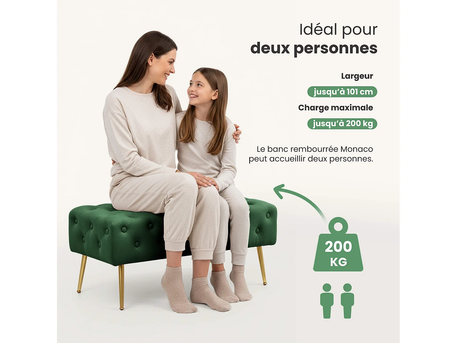 Bout de lit en velours capitonné MONACO 100 cm Vert Bouteille