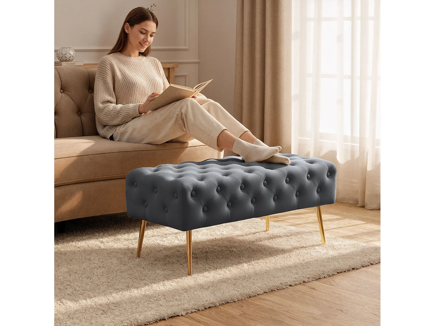 Bout de lit en velours capitonné 100 cm MONACO Gris Foncé