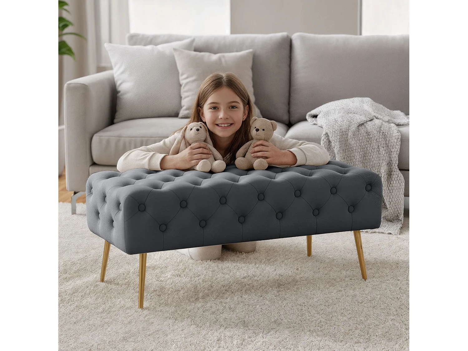 Bout de lit en velours capitonné 100 cm MONACO Gris Foncé