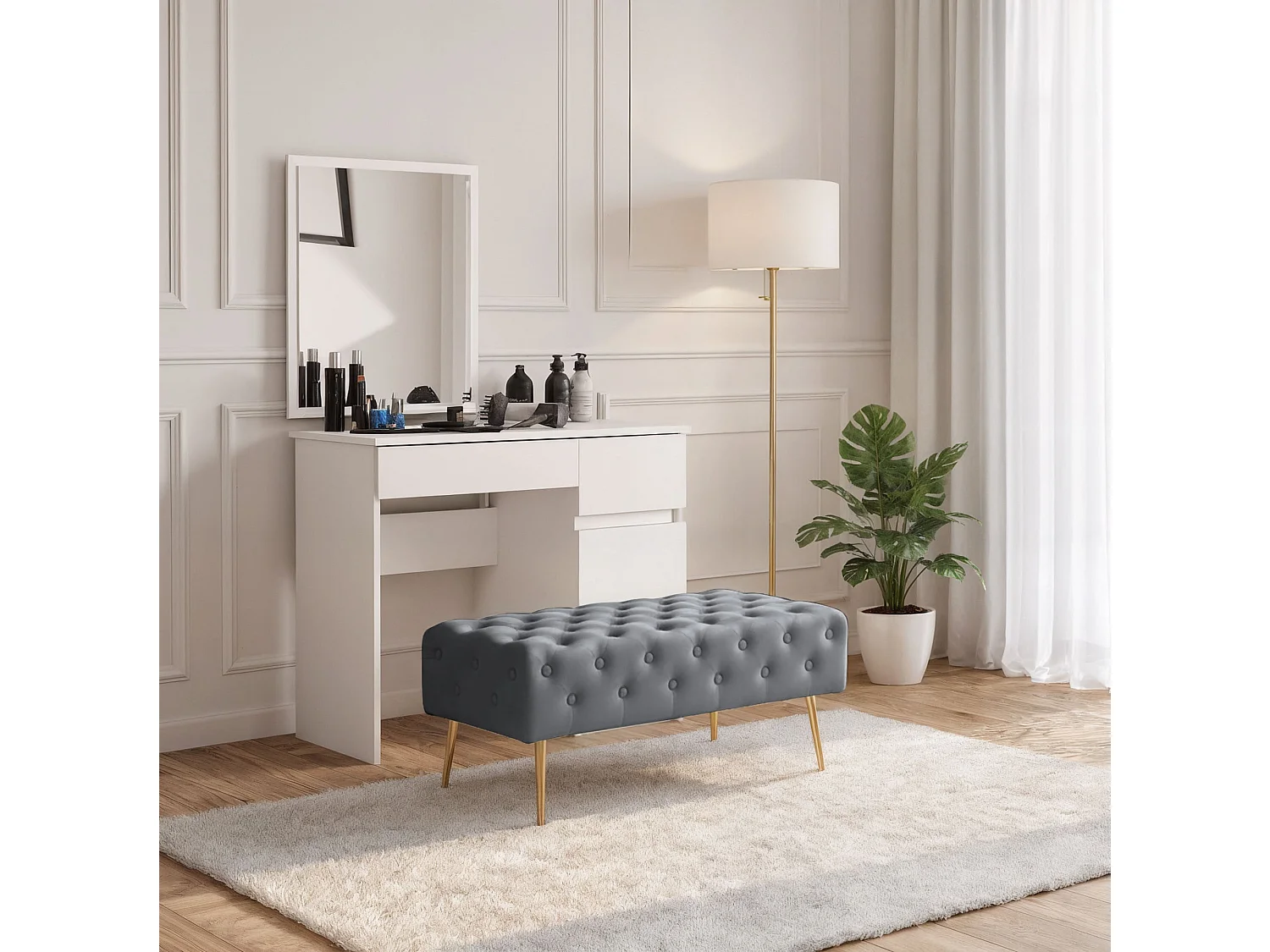 Bout de lit en velours capitonné 100 cm MONACO Gris Foncé