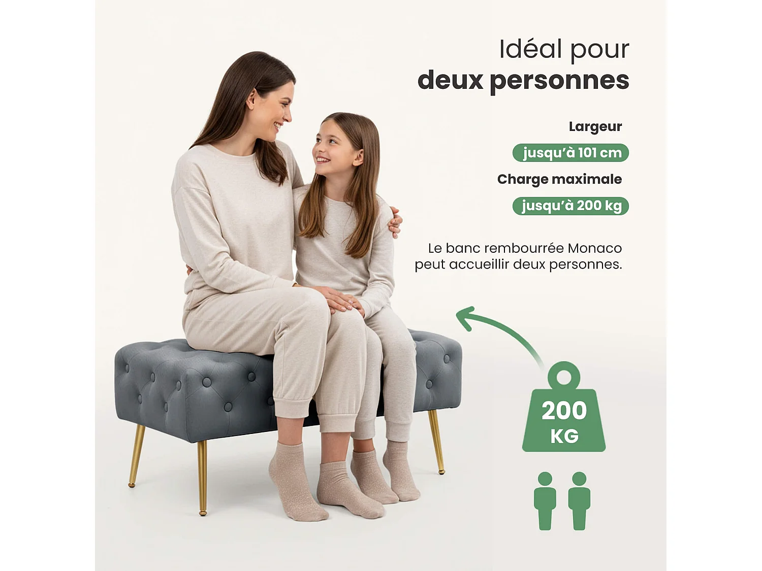 Bout de lit en velours capitonné 100 cm MONACO Gris Foncé