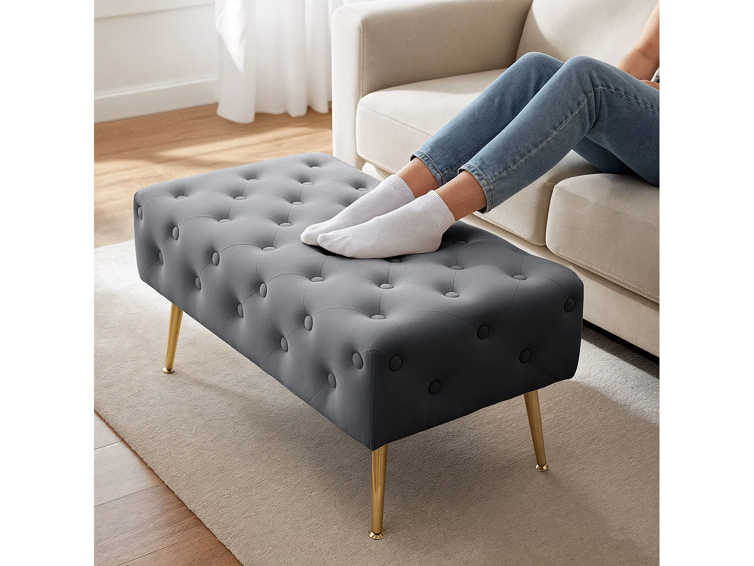 Bout de lit en velours capitonné 80 cm MADRID Gris Foncé