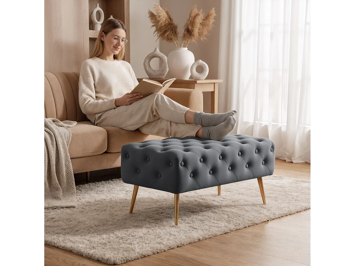 Bout de lit en velours capitonné 80 cm MADRID Gris Foncé