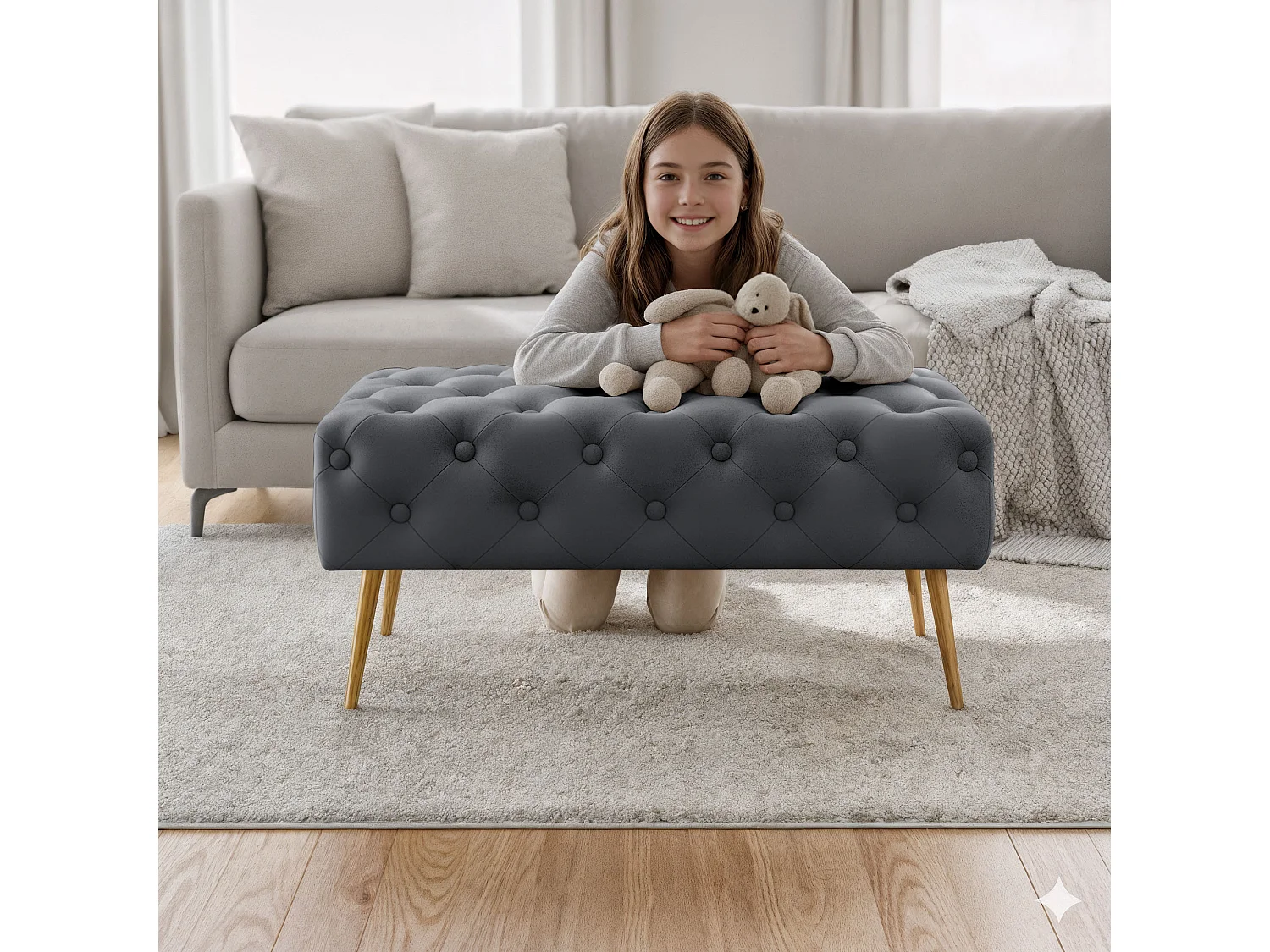 Bout de lit en velours capitonné 80 cm MADRID Gris Foncé