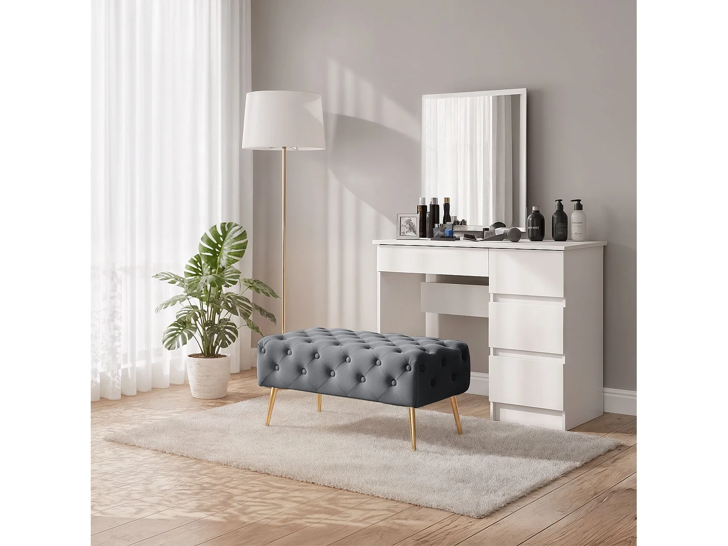 Bout de lit en velours capitonné 80 cm MADRID Gris Foncé