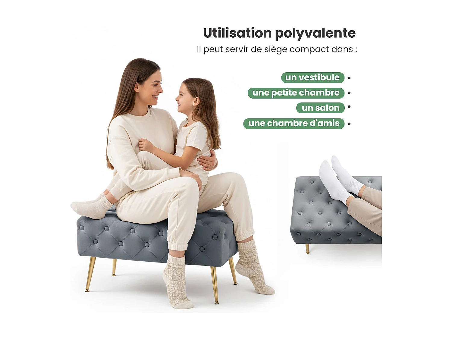 Bout de lit en velours capitonné 80 cm MADRID Gris Foncé