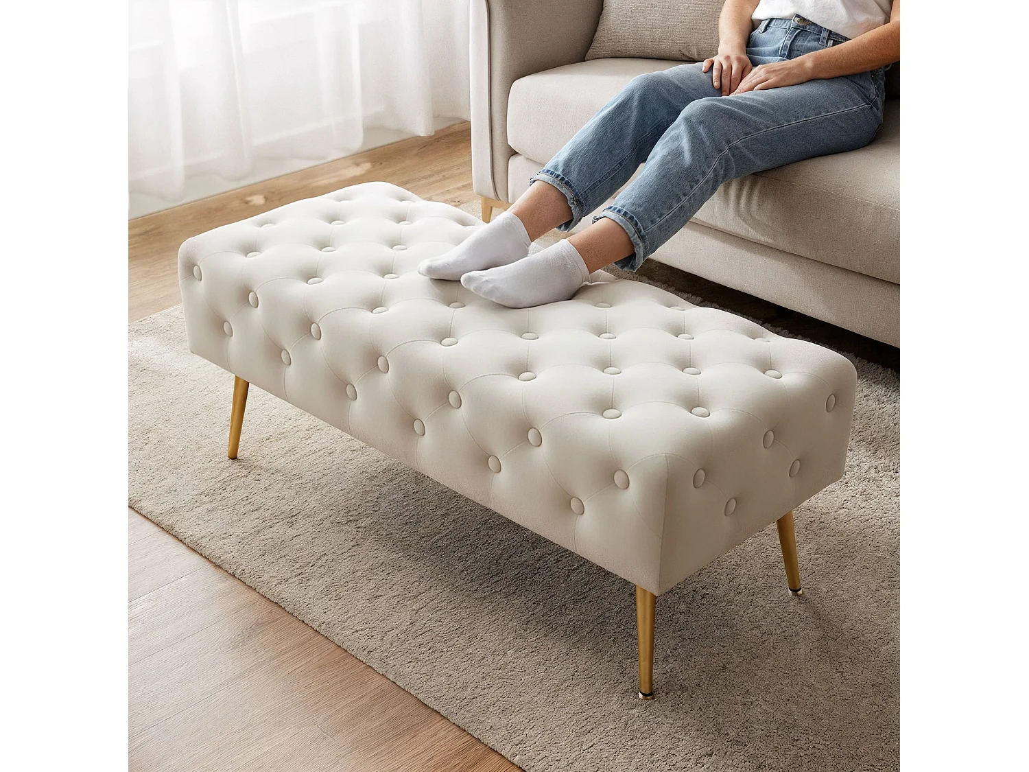 Bout de lit en velours capitonné MONACO 100 cm Beige