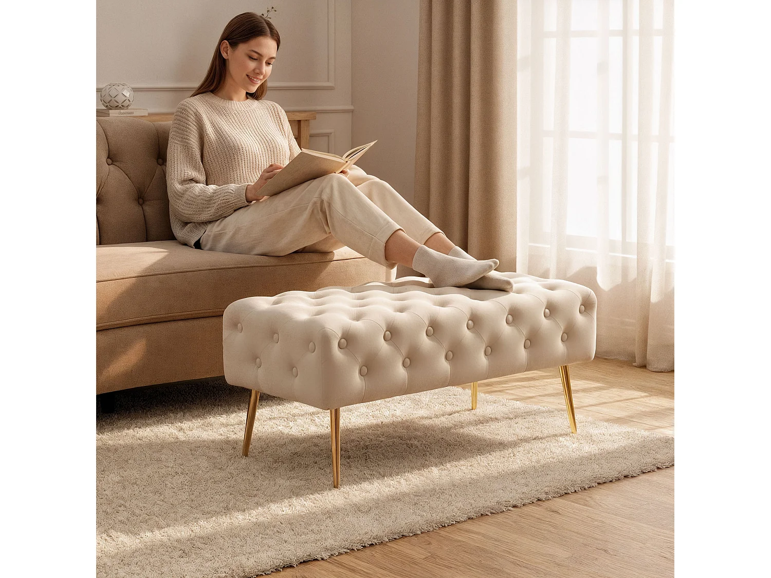 Bout de lit en velours capitonné MONACO 100 cm Beige