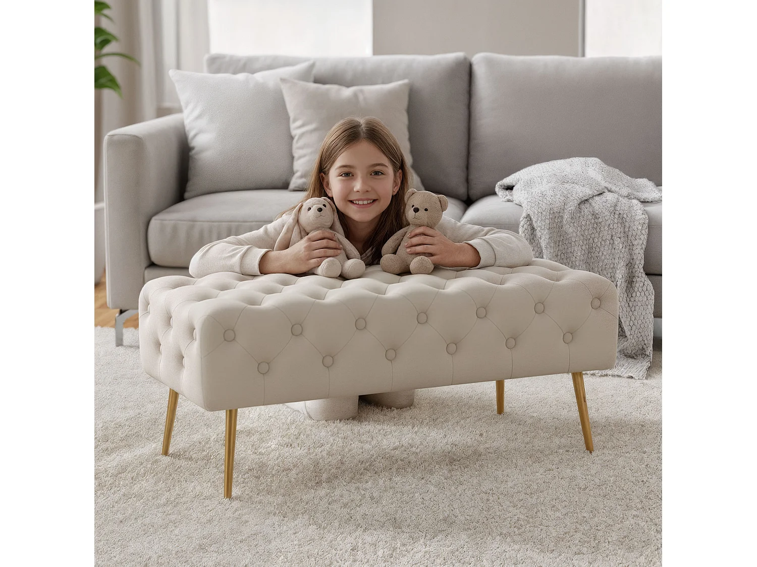 Bout de lit en velours capitonné MONACO 100 cm Beige