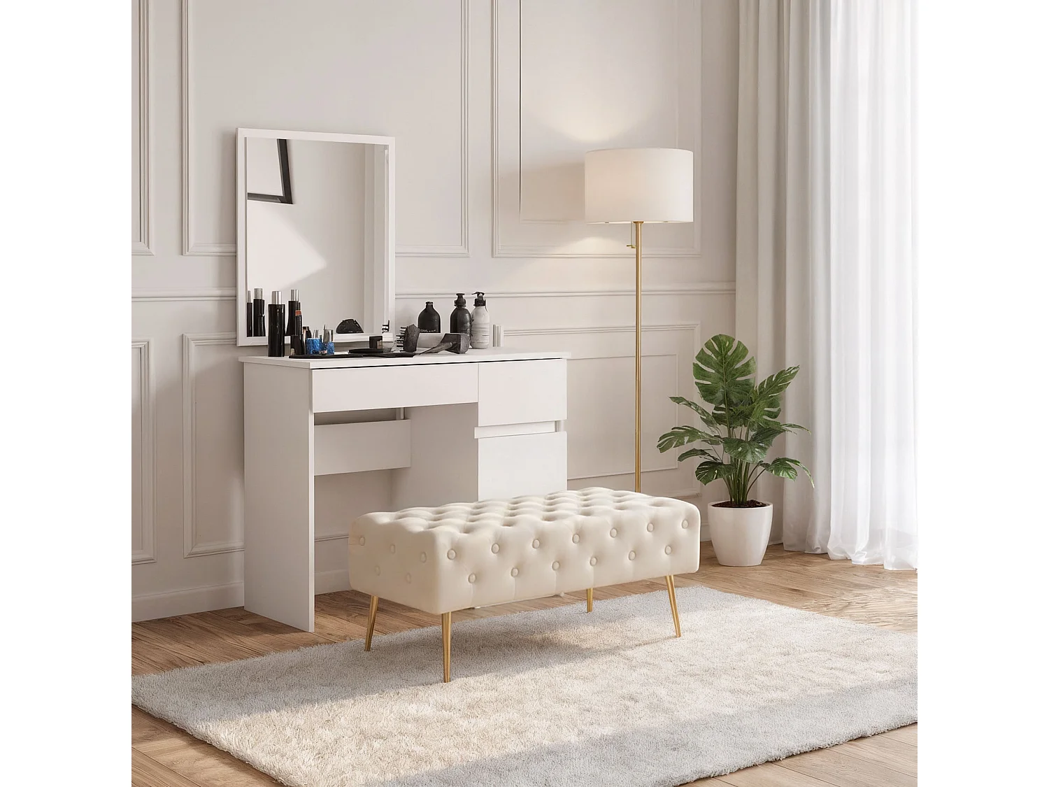 Bout de lit en velours capitonné MONACO 100 cm Beige