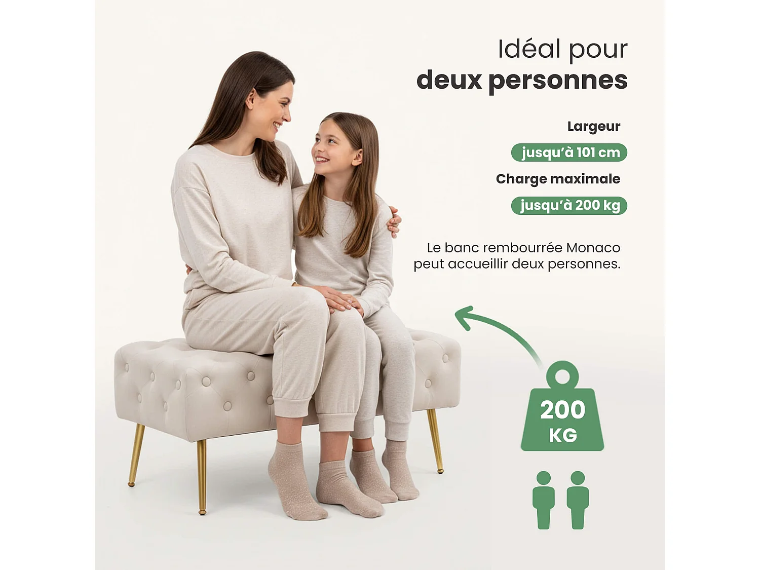 Bout de lit en velours capitonné MONACO 100 cm Beige