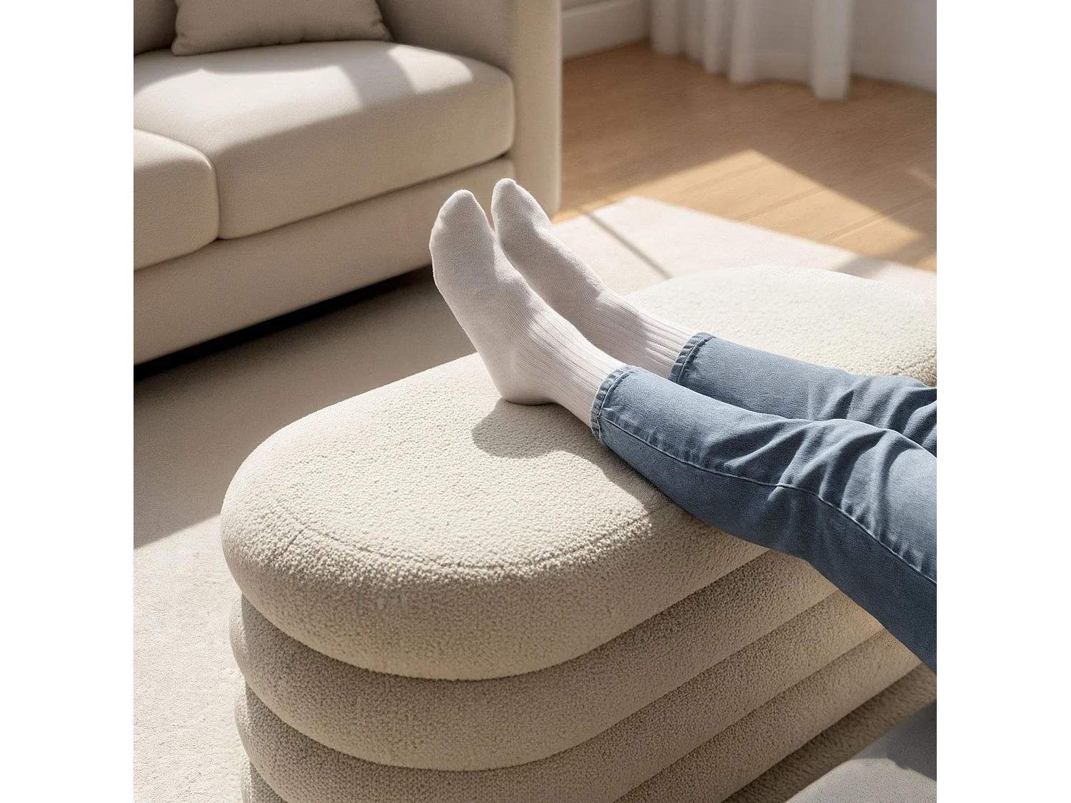 Banc en tissu teddy avec rangement 100 cm PUFFO Blanc Brumeux