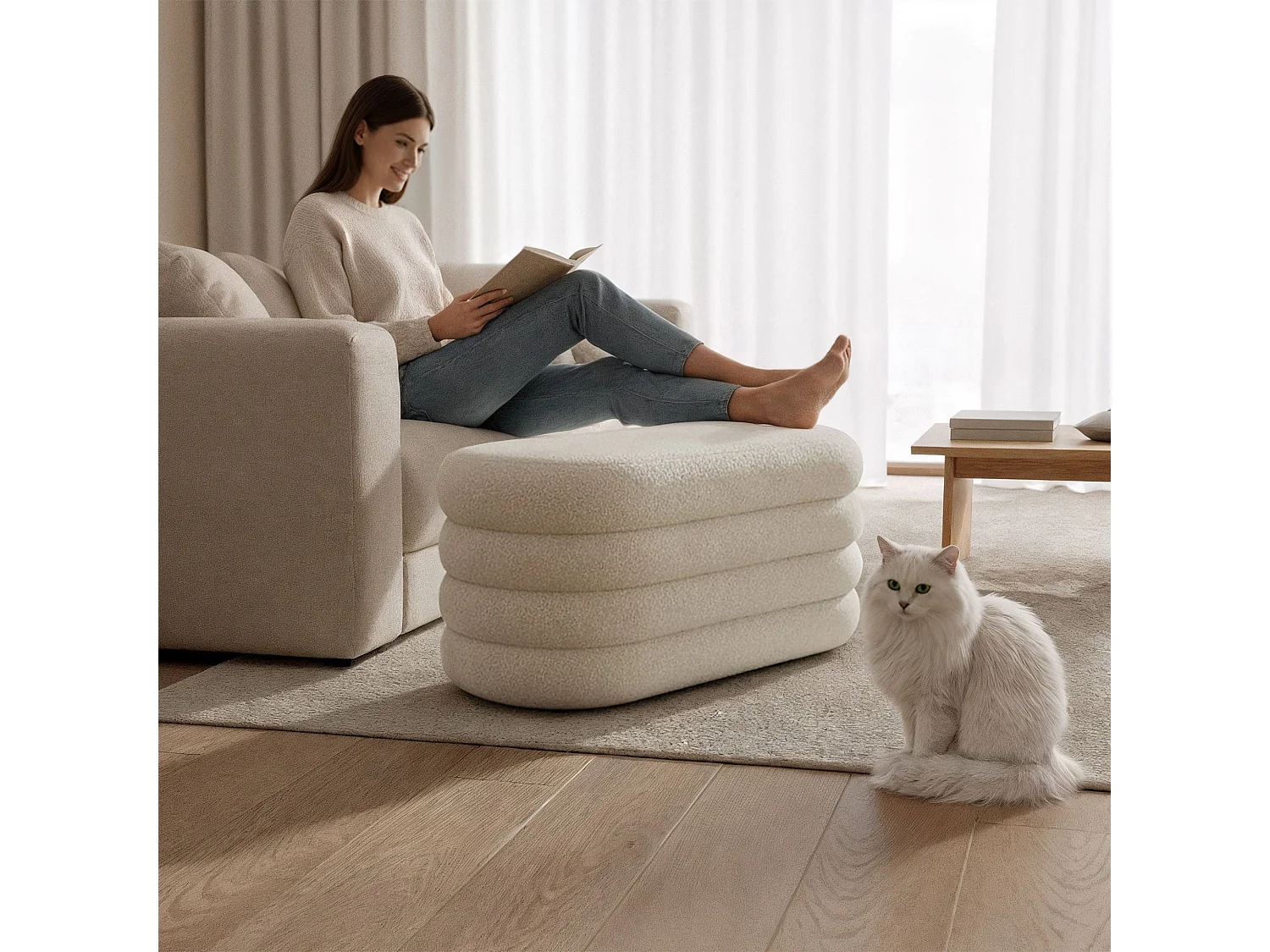Banc en tissu teddy avec rangement 100 cm PUFFO Blanc Brumeux