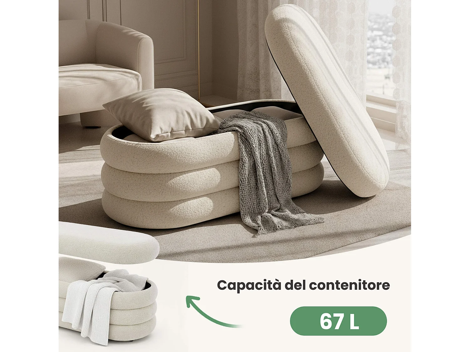 Banc en tissu teddy avec rangement 100 cm PUFFO Blanc Brumeux