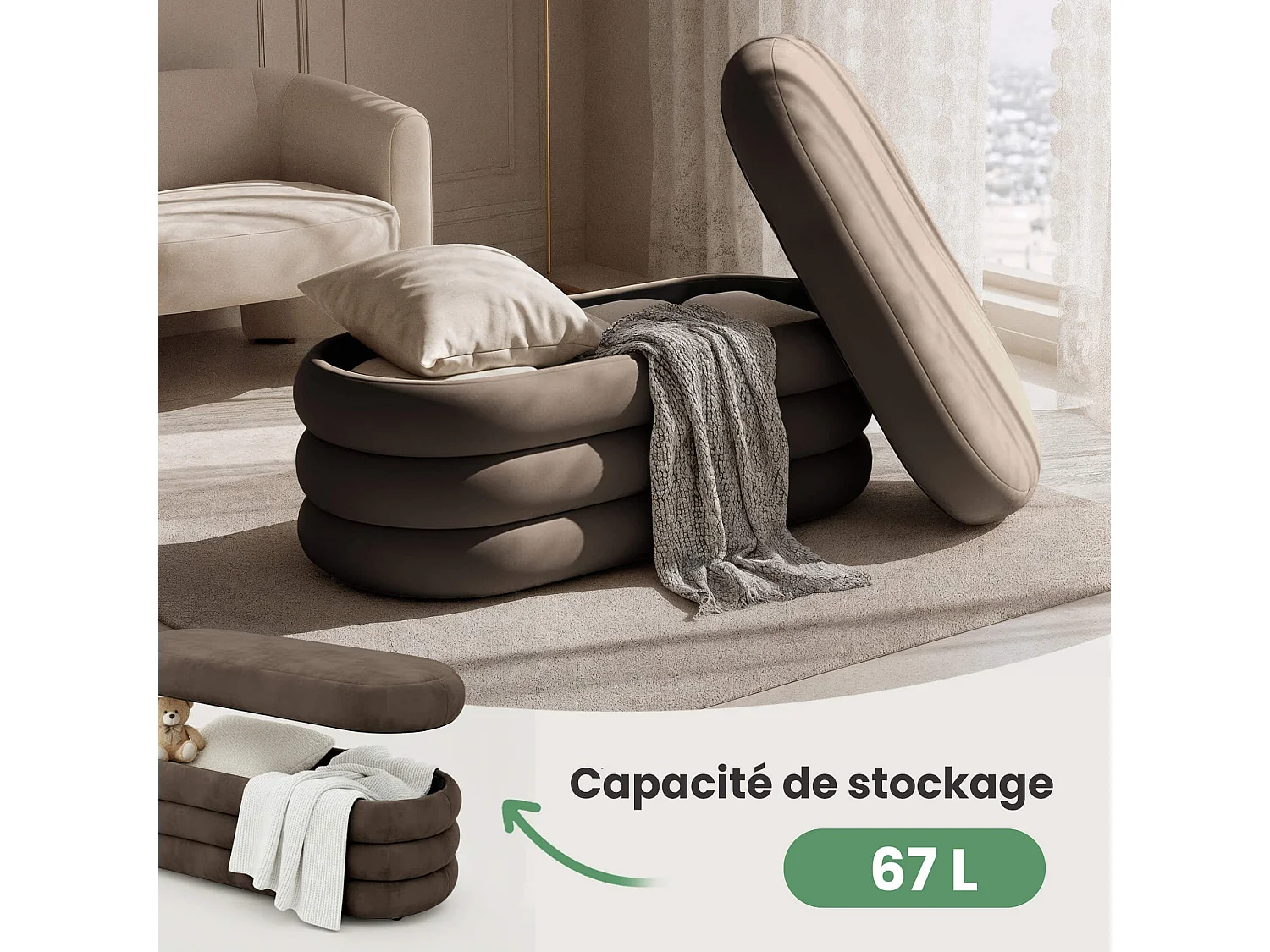 Samt-Sitzbank mit Stauraum 100 cm PUFFO Braun