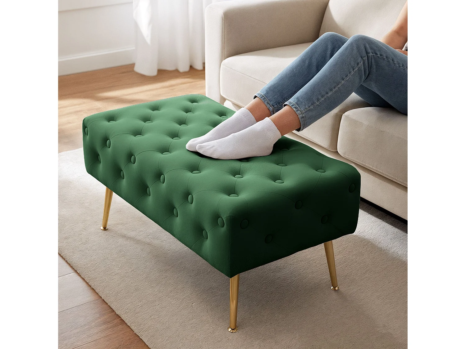 Bout de lit en velours capitonné 80 cm MADRID Vert Bouteille