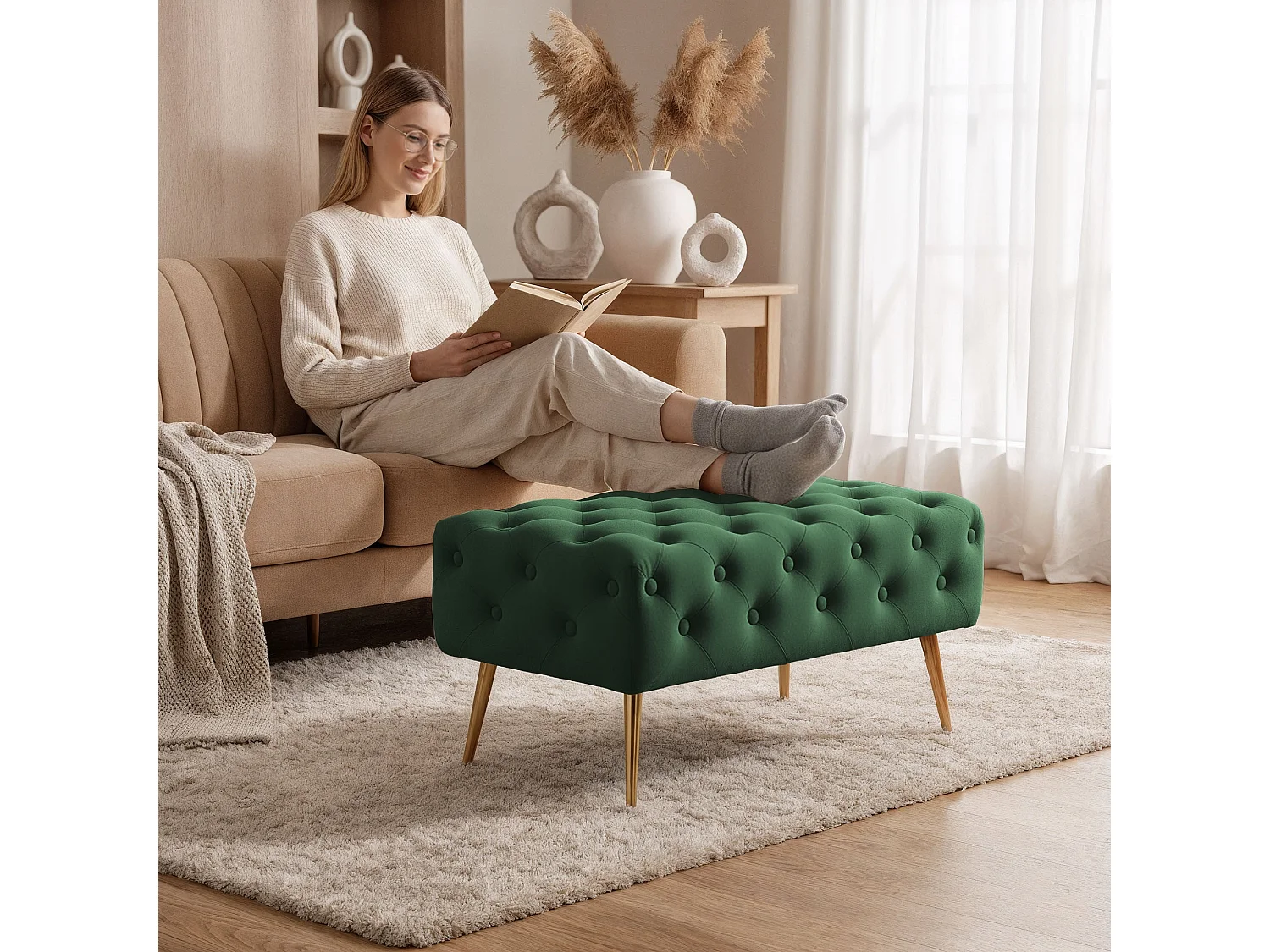 Bout de lit en velours capitonné 80 cm MADRID Vert Bouteille