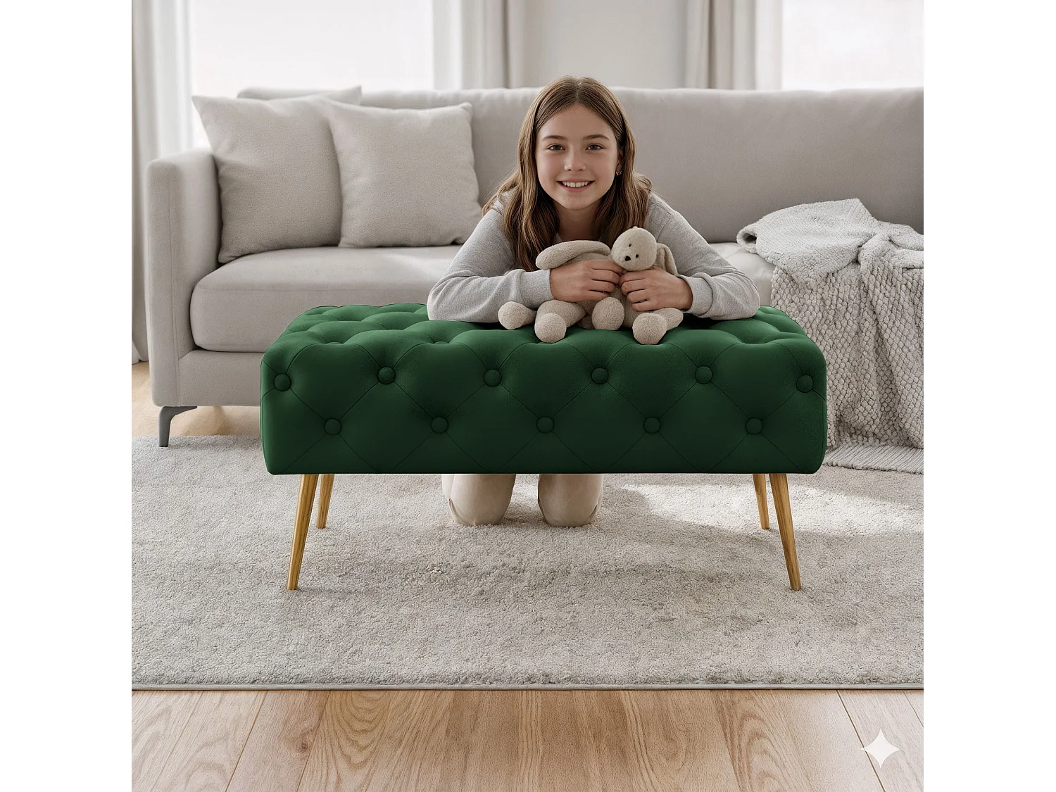 Bout de lit en velours capitonné 80 cm MADRID Vert Bouteille